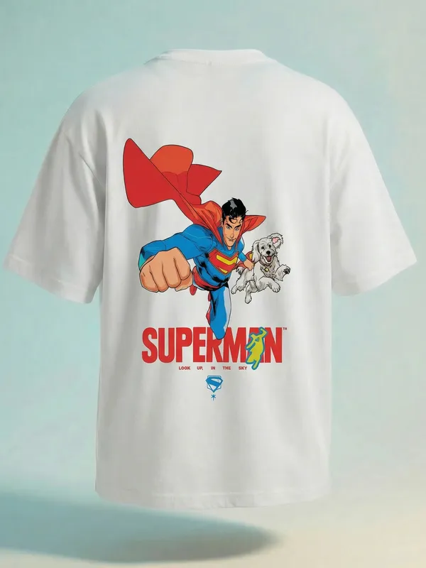 DC By Highlander Men Off White Superman Printed Round Neck Oversized Fit T-Shirt