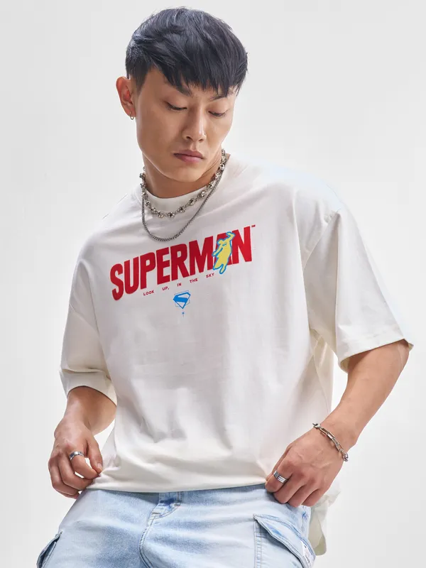 DC By Highlander Men Off White Superman Printed Round Neck Oversized Fit T-Shirt