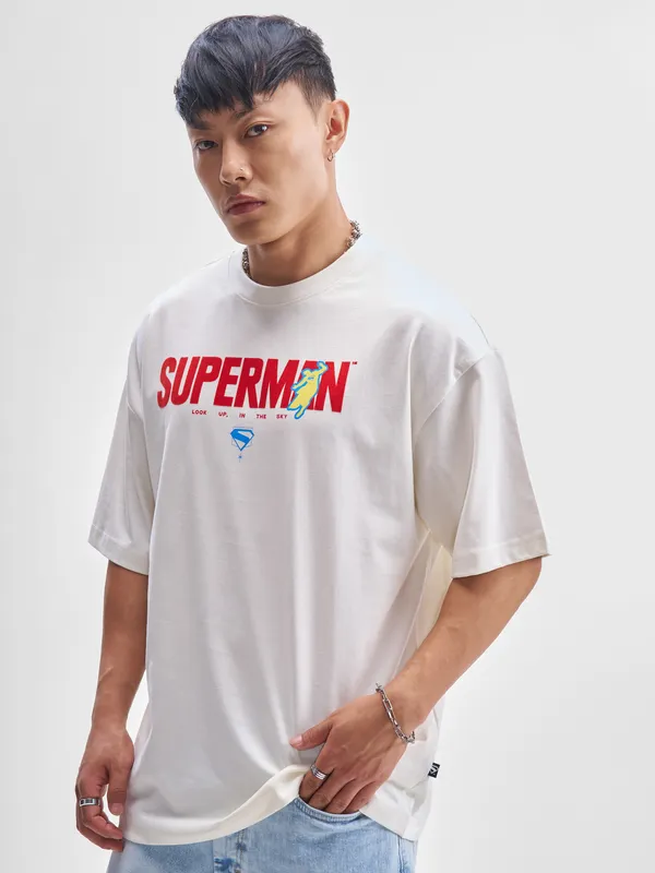 DC By Highlander Men Off White Superman Printed Round Neck Oversized Fit T-Shirt