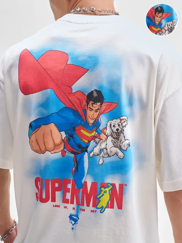 DC By Highlander Men Off White Superman Printed Round Neck Oversized Fit T-Shirt