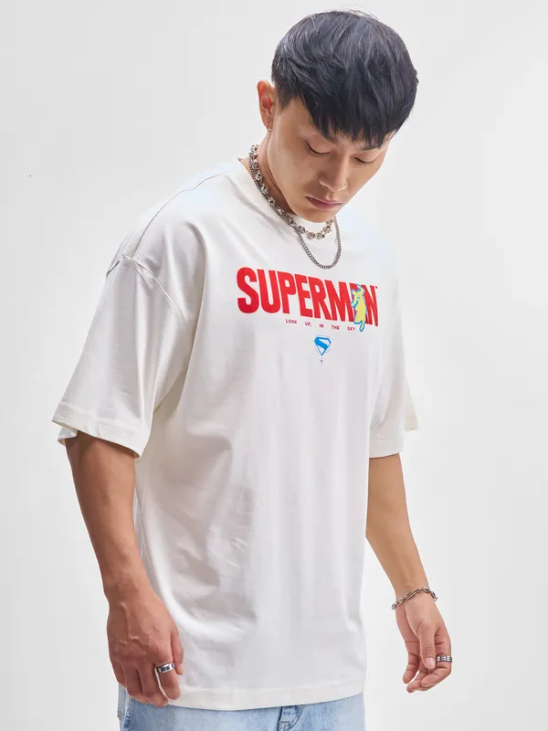 DC By Highlander Men Off White Superman Printed Round Neck Oversized Fit T-Shirt