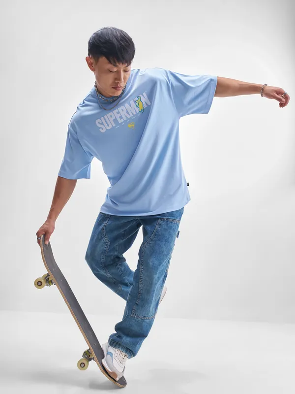 DC By Highlander Men Blue Superman Printed Round Neck Oversized Fit T-Shirt