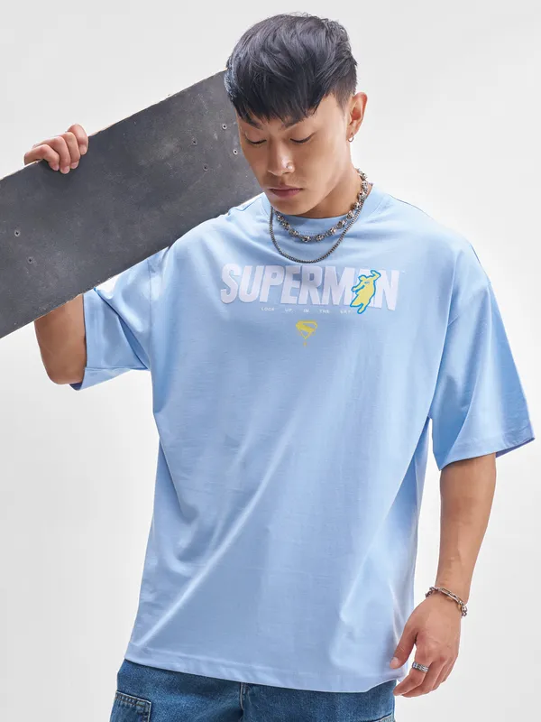 DC By Highlander Men Blue Superman Printed Round Neck Oversized Fit T-Shirt