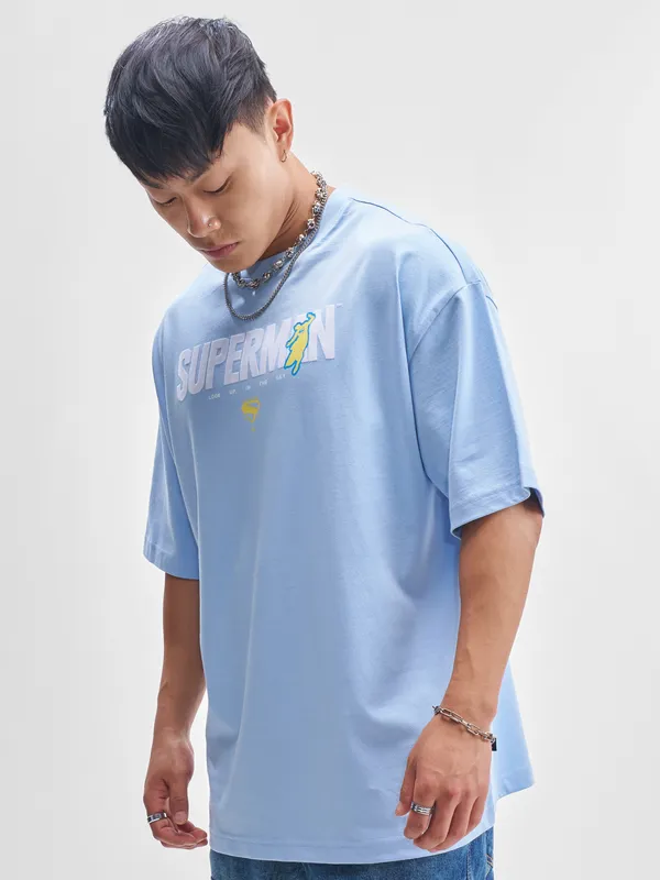 DC By Highlander Men Blue Superman Printed Round Neck Oversized Fit T-Shirt