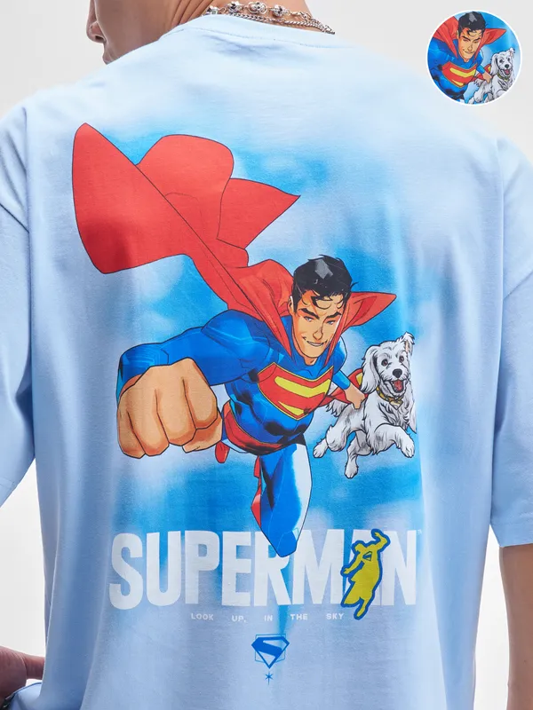DC By Highlander Men Blue Superman Printed Round Neck Oversized Fit T-Shirt
