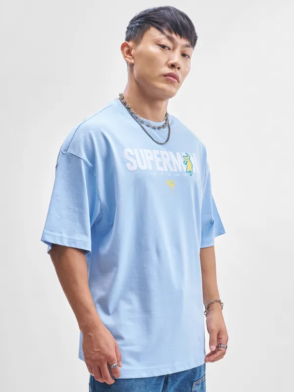 DC By Highlander Men Blue Superman Printed Round Neck Oversized Fit T-Shirt