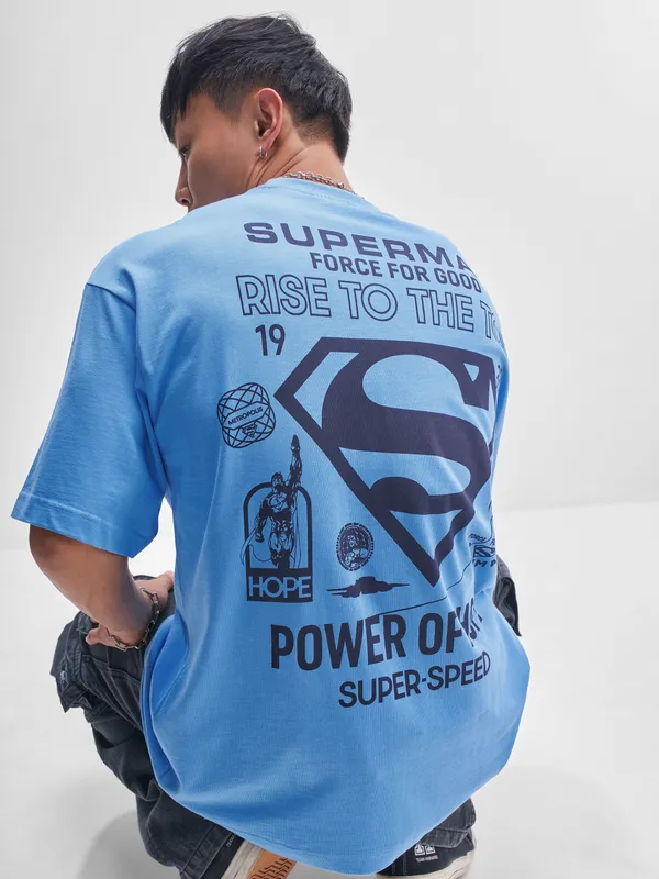 DC By Highlander Men Blue Superman Printed Round Neck Oversized Fit T-Shirt
