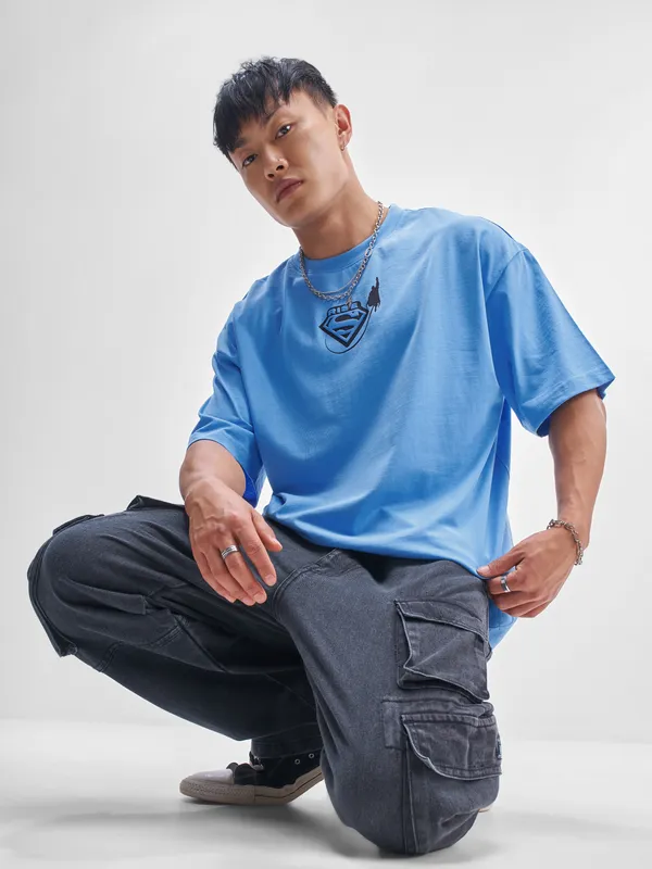 DC By Highlander Men Blue Superman Printed Round Neck Oversized Fit T-Shirt