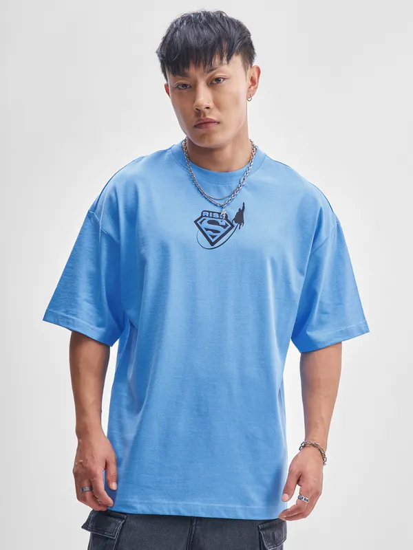 DC By Highlander Men Blue Superman Printed Round Neck Oversized Fit T-Shirt
