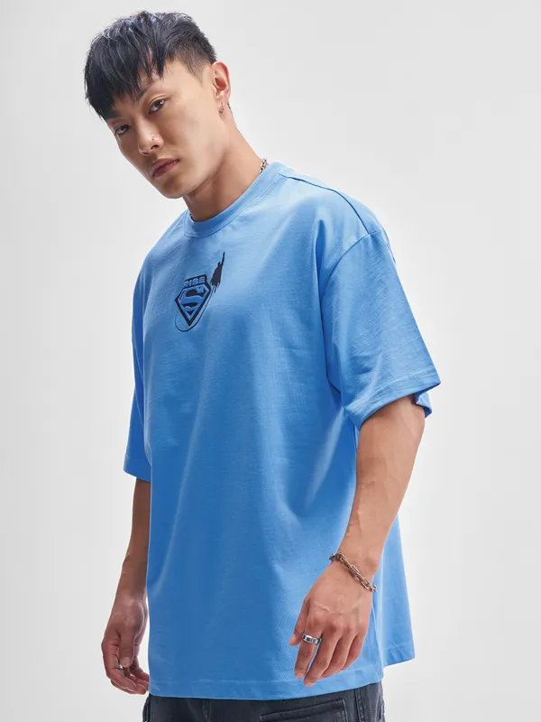 DC By Highlander Men Blue Superman Printed Round Neck Oversized Fit T-Shirt