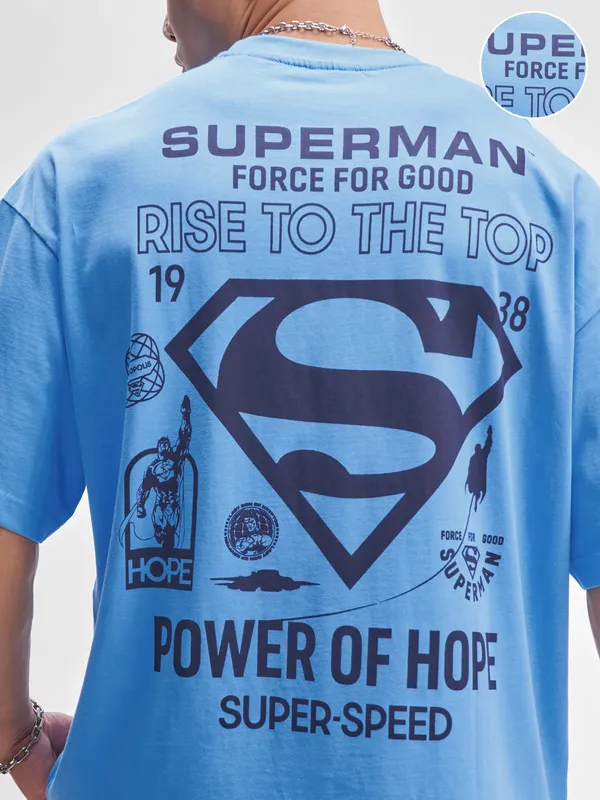 DC By Highlander Men Blue Superman Printed Round Neck Oversized Fit T-Shirt