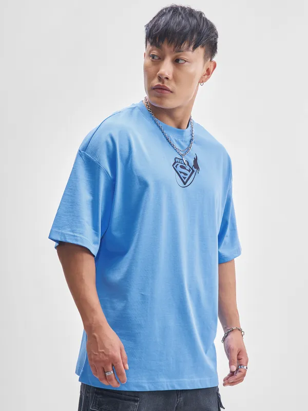 DC By Highlander Men Blue Superman Printed Round Neck Oversized Fit T-Shirt