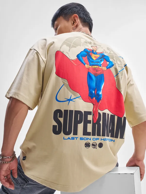 WB By Highlander Men Beige Superman Printed Round Neck Oversized Fit T-Shirt
