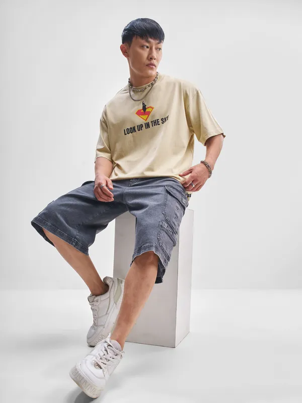 WB By Highlander Men Beige Superman Printed Round Neck Oversized Fit T-Shirt