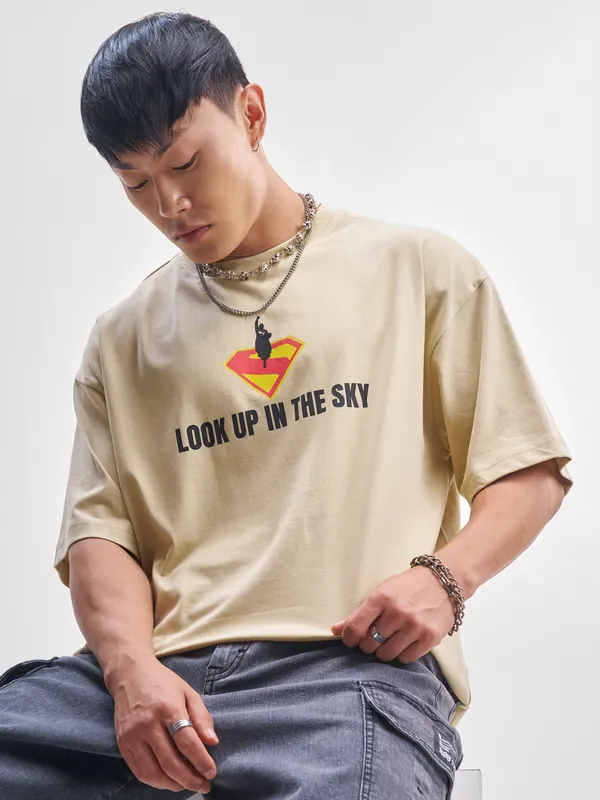 WB By Highlander Men Beige Superman Printed Round Neck Oversized Fit T-Shirt