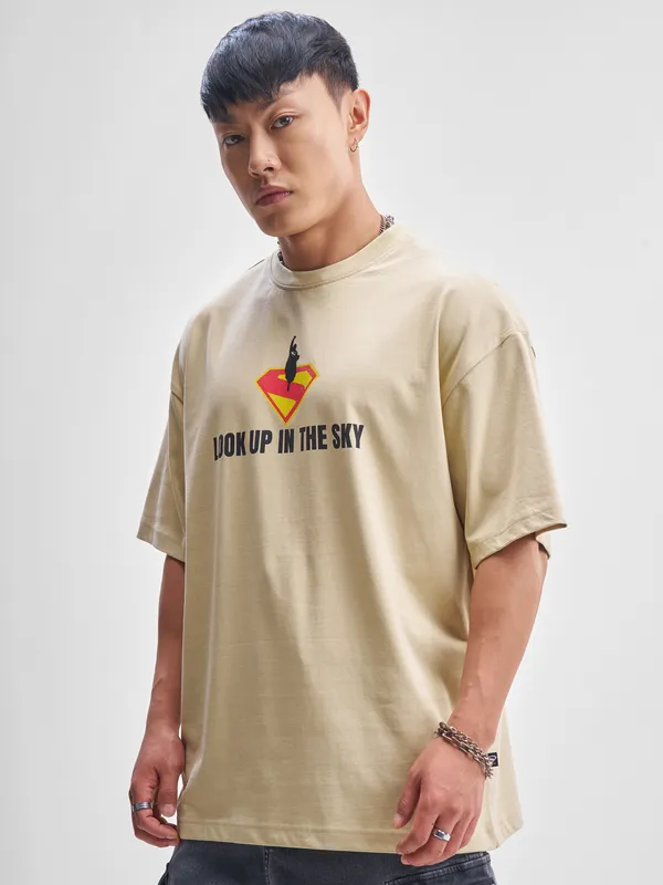WB By Highlander Men Beige Superman Printed Round Neck Oversized Fit T-Shirt