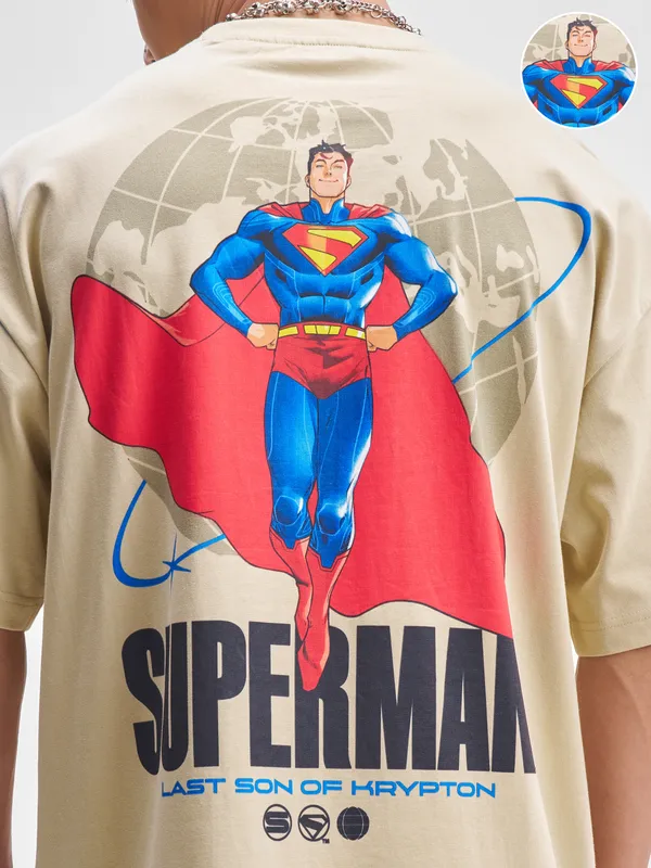 WB By Highlander Men Beige Superman Printed Round Neck Oversized Fit T-Shirt