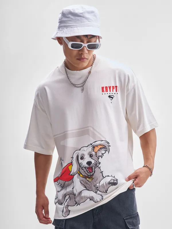 DC By Highlander Men Off White Krypto Superdog Printed Round Neck Oversized Fit T-Shirt