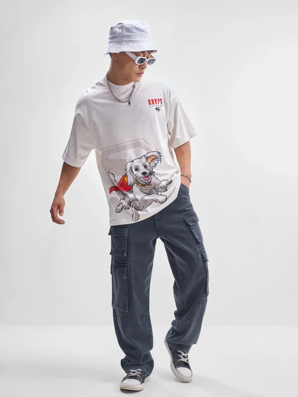 DC By Highlander Men Off White Krypto Superdog Printed Round Neck Oversized Fit T-Shirt
