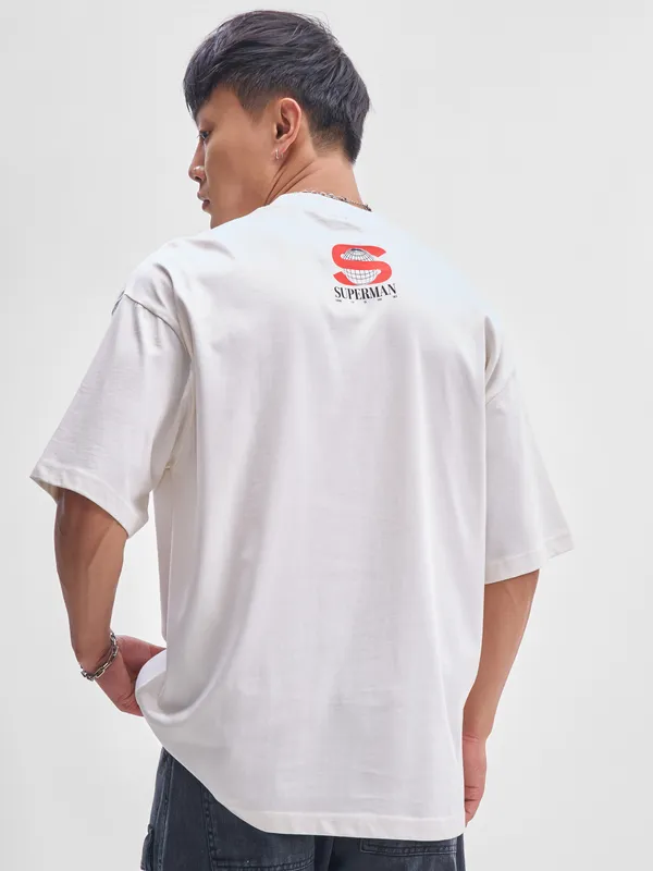 DC By Highlander Men Off White Krypto Superdog Printed Round Neck Oversized Fit T-Shirt