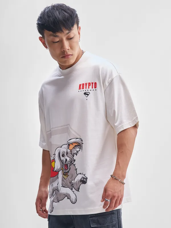 DC By Highlander Men Off White Krypto Superdog Printed Round Neck Oversized Fit T-Shirt