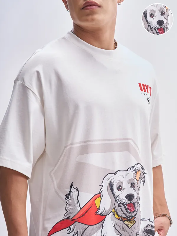 DC By Highlander Men Off White Krypto Superdog Printed Round Neck Oversized Fit T-Shirt