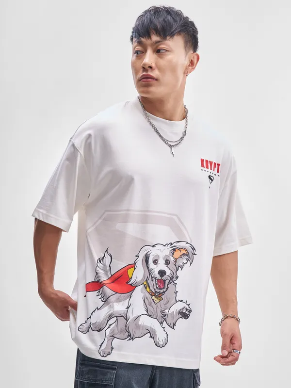 DC By Highlander Men Off White Krypto Superdog Printed Round Neck Oversized Fit T-Shirt