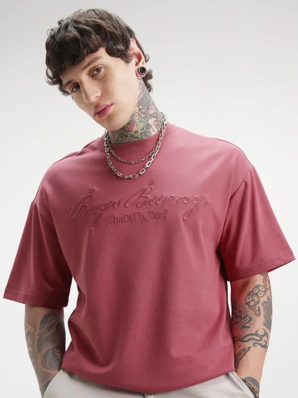 WB By Highlander Men Burgundy Looney Tunes Printed Round Neck Oversized Fit T-Shirt