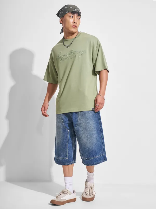 WB By Highlander Men Olive Looney Tunes Printed Round Neck Oversized Fit T-Shirt