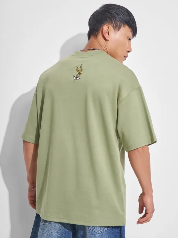 WB By Highlander Men Olive Looney Tunes Printed Round Neck Oversized Fit T-Shirt