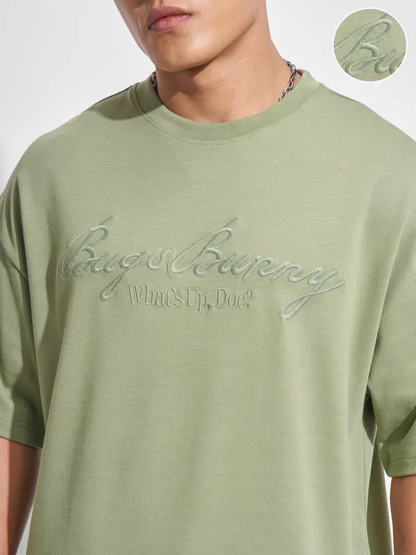 WB By Highlander Men Olive Looney Tunes Printed Round Neck Oversized Fit T-Shirt