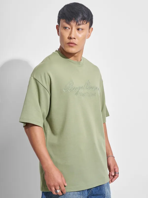 WB By Highlander Men Olive Looney Tunes Printed Round Neck Oversized Fit T-Shirt