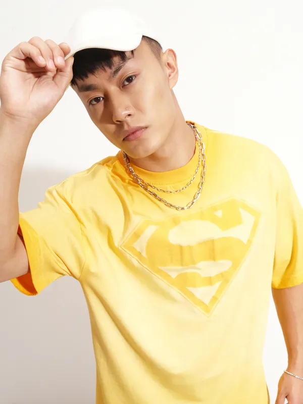DC By Highlander Men Orange Superman Printed Round Neck Oversized Fit T-Shirt
