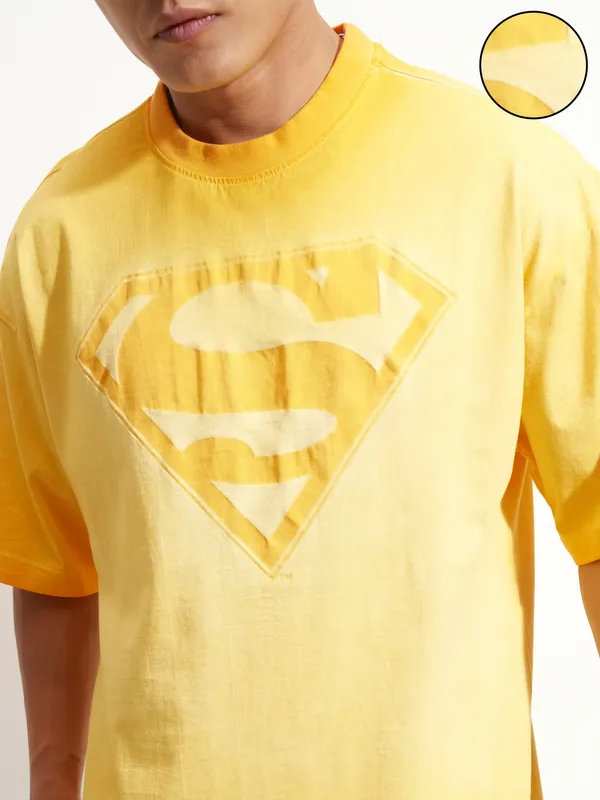 DC By Highlander Men Orange Superman Printed Round Neck Oversized Fit T-Shirt