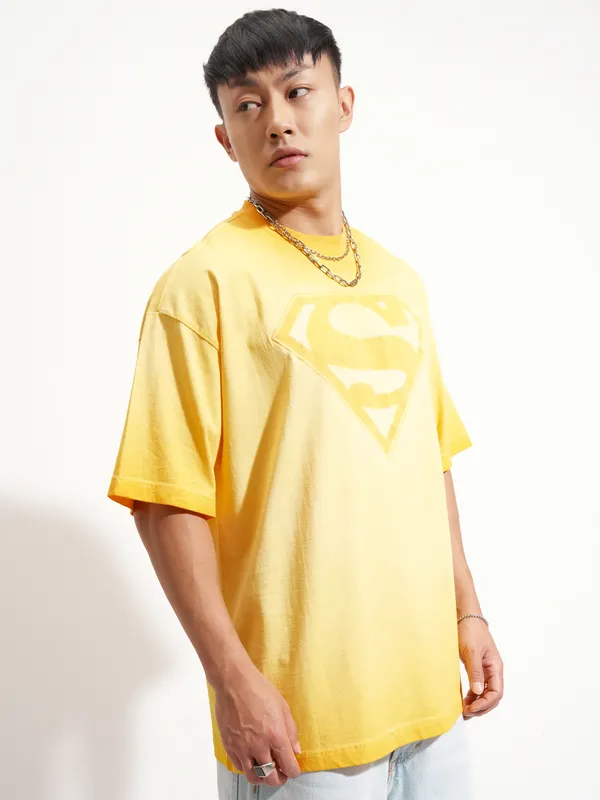 DC By Highlander Men Orange Superman Printed Round Neck Oversized Fit T-Shirt