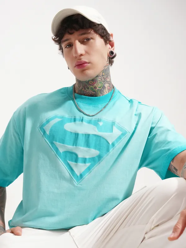 DC By Highlander Men Blue Superman Printed Round Neck Oversized Fit T-Shirt