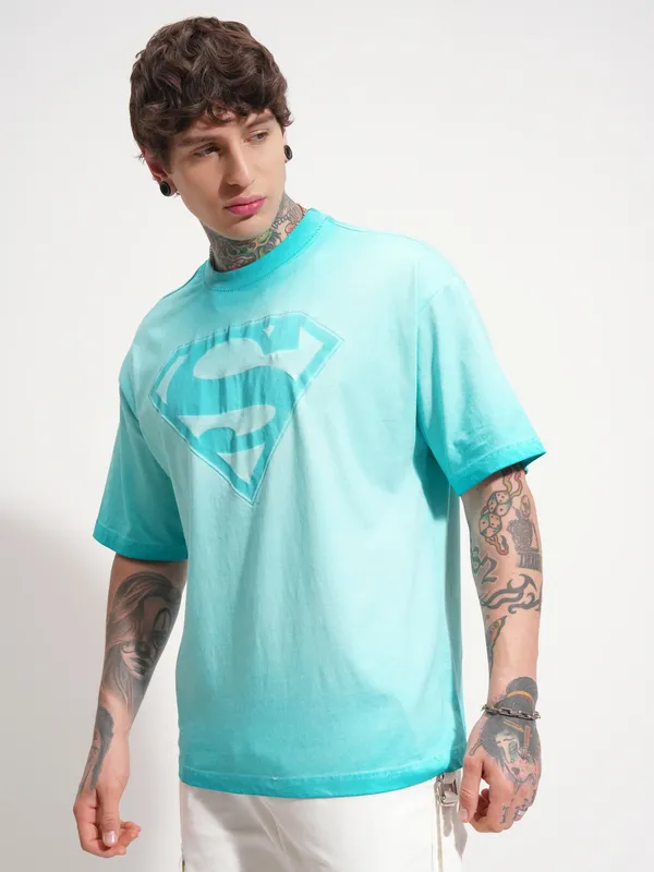 DC By Highlander Men Blue Superman Printed Round Neck Oversized Fit T-Shirt