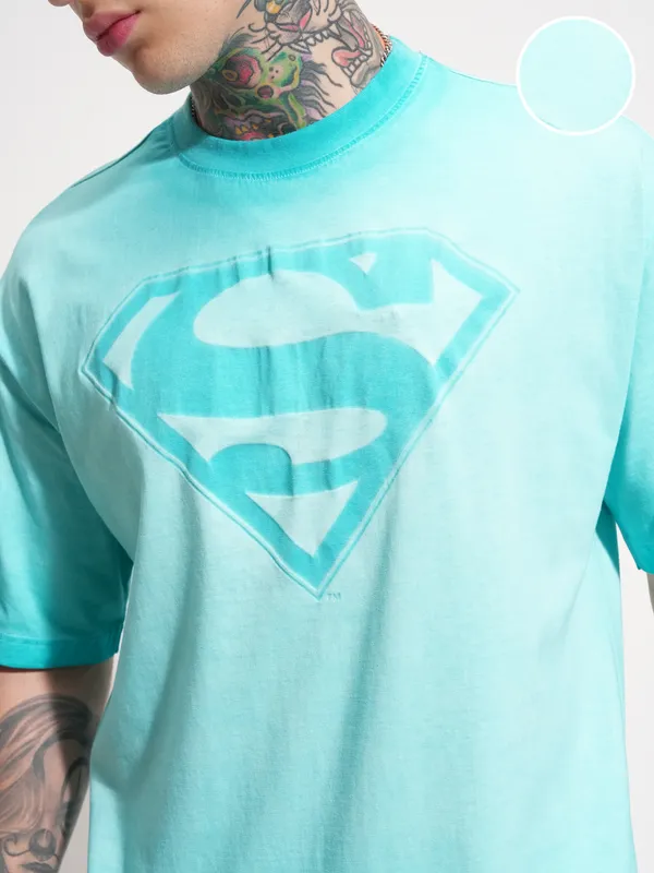 DC By Highlander Men Blue Superman Printed Round Neck Oversized Fit T-Shirt