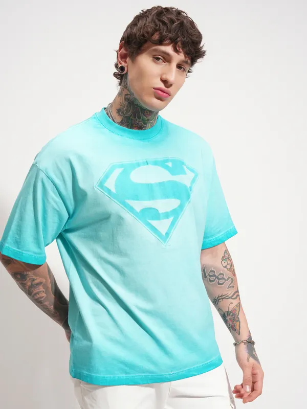 DC By Highlander Men Blue Superman Printed Round Neck Oversized Fit T-Shirt