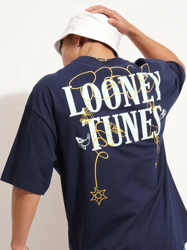 WB By Highlander Men Navy Blue Looney Tunes Printed Round Neck Oversized Fit T-Shirt