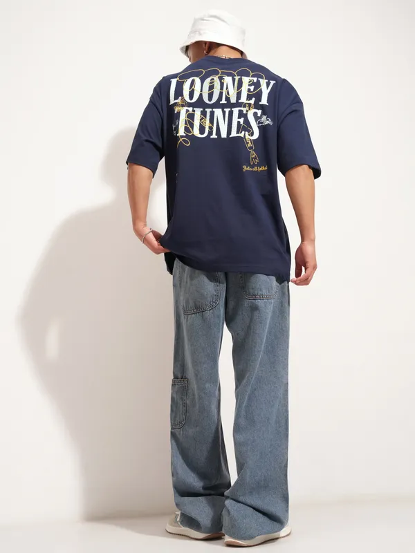 WB By Highlander Men Navy Blue Looney Tunes Printed Round Neck Oversized Fit T-Shirt