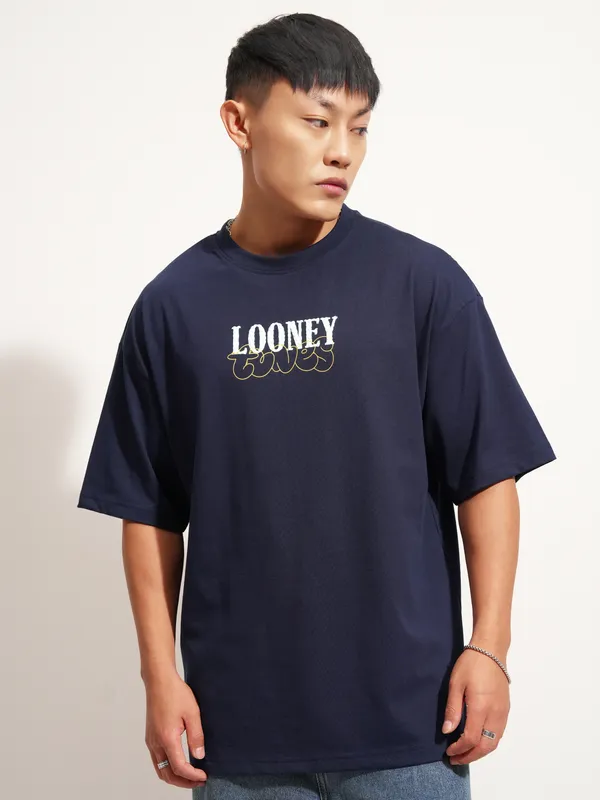 WB By Highlander Men Navy Blue Looney Tunes Printed Round Neck Oversized Fit T-Shirt