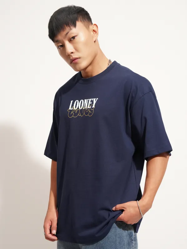 WB By Highlander Men Navy Blue Looney Tunes Printed Round Neck Oversized Fit T-Shirt