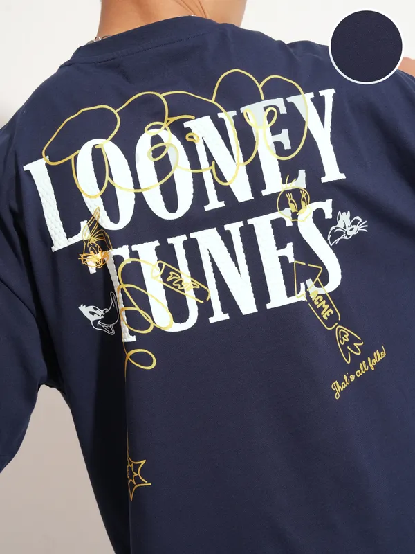 WB By Highlander Men Navy Blue Looney Tunes Printed Round Neck Oversized Fit T-Shirt