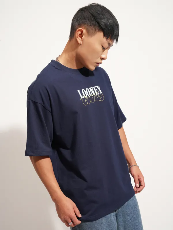 WB By Highlander Men Navy Blue Looney Tunes Printed Round Neck Oversized Fit T-Shirt