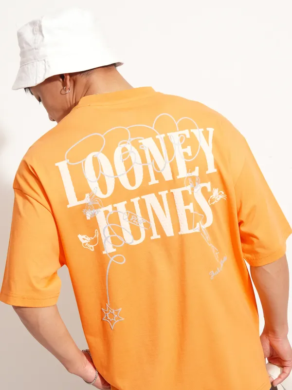 WB By Highlander Men Orange Looney Tunes Printed Round Neck Oversized Fit T-Shirt