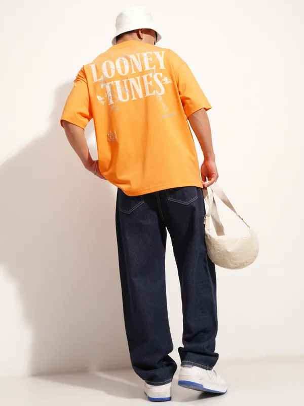 WB By Highlander Men Orange Looney Tunes Printed Round Neck Oversized Fit T-Shirt