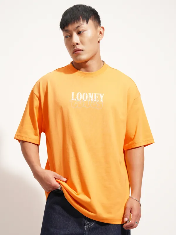 WB By Highlander Men Orange Looney Tunes Printed Round Neck Oversized Fit T-Shirt