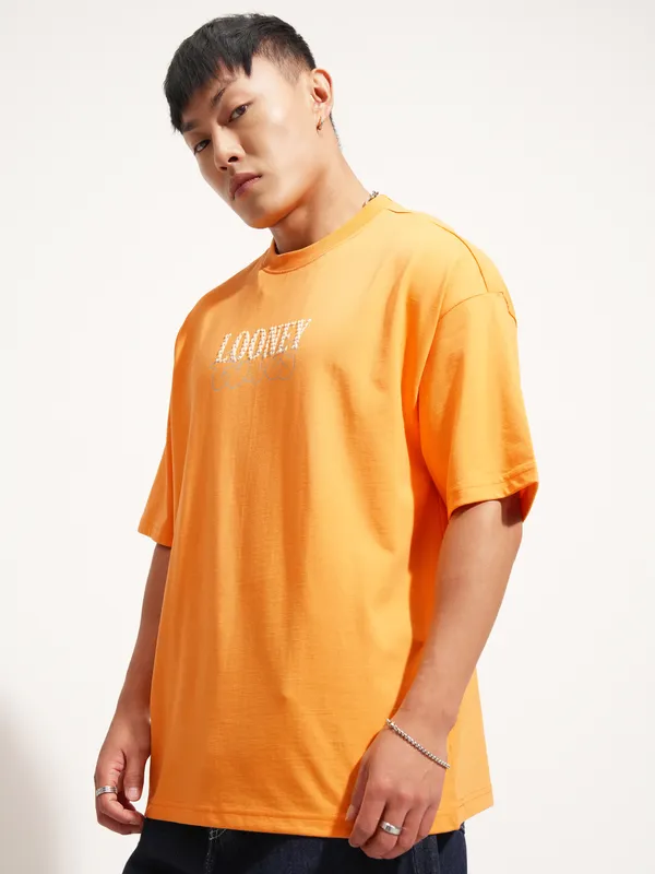 WB By Highlander Men Orange Looney Tunes Printed Round Neck Oversized Fit T-Shirt