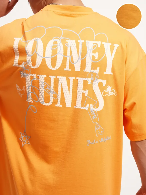 WB By Highlander Men Orange Looney Tunes Printed Round Neck Oversized Fit T-Shirt